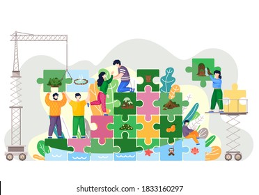 Tiny people saving world ecology. Characters on the green pyramid from blocks of puzzles with nature elements build a clean happy world. Earth day environment saving and nature care concept
