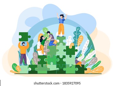 Tiny people saving world ecology. People climb the green mountain with leaves from blocks of puzzles and joyfully raise their hands up. Earth day environment saving and nature care concept