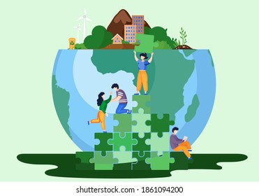 Tiny people saving world ecology. People climb the green mountain from blocks of puzzles and joyfully raise their hands up near big globe. Earth day environment saving and nature care concept