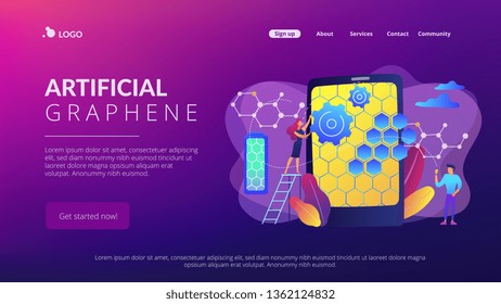 Tiny people scientists with graphene atomic structure for smartphone. Graphene technologies, artificial graphene, modern science revolution concept. Website vibrant violet landing web page template.