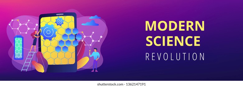 Tiny people scientists with graphene atomic structure for smartphone. Graphene technologies, artificial graphene, modern science revolution concept. Header or footer banner template with copy space.