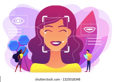 Tiny people scientists identify womans emotions from voice and face. Emotion detection, emotional state recognizing, emo sensor technology concept. Bright vibrant violet vector isolated illustration