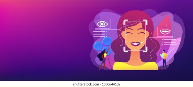 Tiny people scientists identify womans emotions from voice and face. Emotion detection, emotional state recognizing, emo sensor technology concept. Header or footer banner template with copy space.