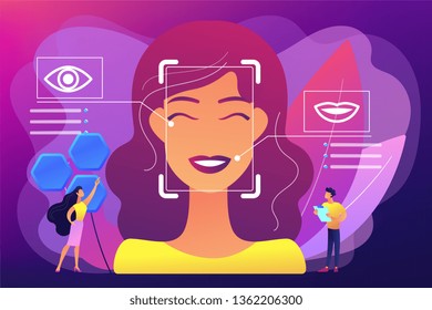 Tiny people scientists identify womans emotions from voice and face. Emotion detection, emotional state recognizing, emo sensor technology concept. Bright vibrant violet vector isolated illustration