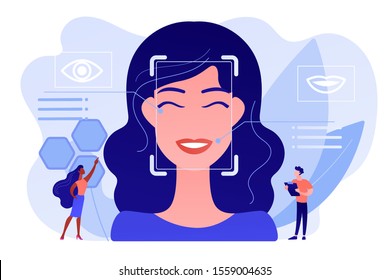 Tiny people scientists identify womans emotions from voice and face. Emotion detection, emotional state recognizing, emo sensor technology concept. Pinkish coral bluevector isolated illustration