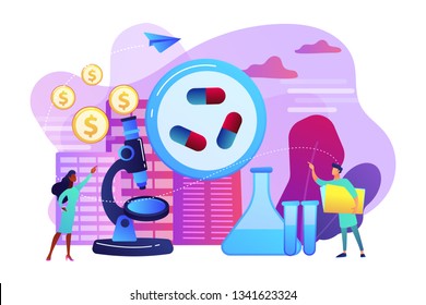 Tiny people scientists in the lab produce pharmaceutical drugs. Pharmacological business, pharmaceutical industry, pharmacological service concept. Bright vibrant violet vector isolated illustration