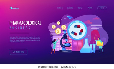 Pequeños científicos del laboratorio producen drogas farmacéuticas. Negocio farmacológico, industria farmacéutica, concepto de servicio farmacológico. Plantilla de página web de aterrizaje violeta vibrante del sitio web.