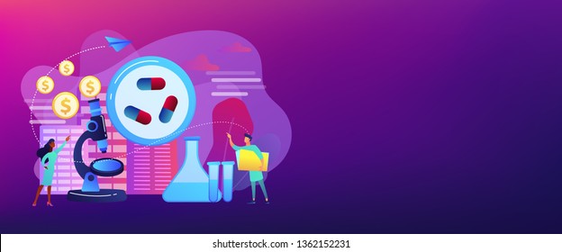 Tiny people scientists in the lab produce pharmaceutical drugs. Pharmacological business, pharmaceutical industry, pharmacological service concept. Header or footer banner template with copy space.