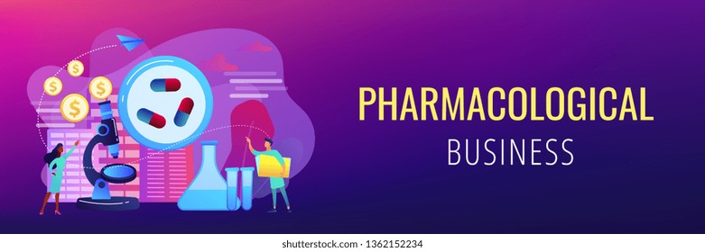 Pequeños científicos del laboratorio producen drogas farmacéuticas. Negocio farmacológico, industria farmacéutica, concepto de servicio farmacológico. Plantilla de banner de encabezado o pie de página con espacio de copia.