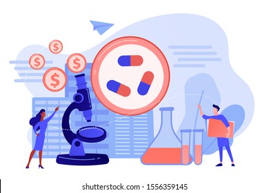 Tiny people scientists in the lab produce pharmaceutical drugs. Pharmacological business, pharmaceutical industry, pharmacological service concept. Pinkish coral bluevector vector isolated