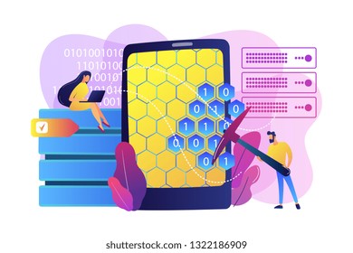 Tiny people, scientists at tablet with pickaxe mining. Data mining, data warehouse sourcing, data collecting techniques concept. Bright vibrant violet vector isolated illustration