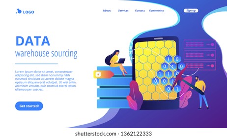 Tiny people, scientists at tablet with pickaxe mining. Data mining, data warehouse sourcing, data collecting techniques concept. Website vibrant violet landing web page template.