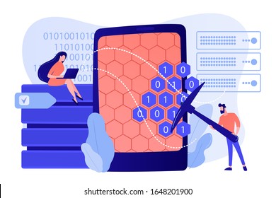 Tiny people, scientists at tablet with pickaxe mining. Data mining, data warehouse sourcing, data collecting techniques concept. Pinkish coral bluevector isolated illustration