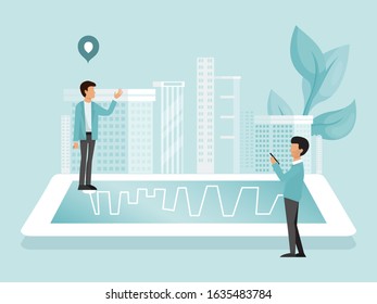 Tiny people search on route to destination location by online map gps navigation in smartphone app vector illustration