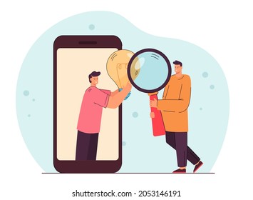 Tiny people searching for solution using magnifying lens and light bulb. Men with smartphone developing business ideas. Innovation and technology concept. Flat cartoon vector illustration.