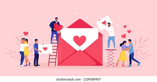 Pequeñas personas envían mensajes con el corazón rojo. Las personas se paran cerca de un sobre grande y le ponen cartas de amor. Feliz Día de San Valentín. Correo electrónico romántico. Pareja enamorada abrazando y bailando. Diseño de vectores