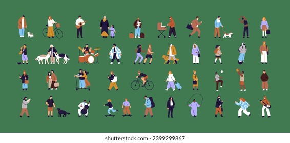 Gente pequeña. Personajes caminando perro en la ciudad. Patinaje infantil, ciclismo de amigos, jugar pelota en la calle. Parejas corriendo, vayan a deporte. Hombres con instrumentos musicales. Ilustración vectorial aislada plana