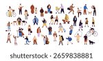 Tiny people set. Crowd of many men and women walking outdoors. Diverse characters stroll dogs, do sport, play music, skateboarding and cycling. Flat isolated vector illustrations on white background