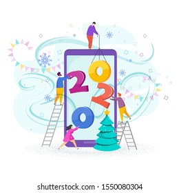 Tiny people set numbers 2020 on the screen of a mobile phone. Mobile calendar application. Greeting concept card for Merry Christmas and Happy New Year. For flyer and booklet, brochure and website.