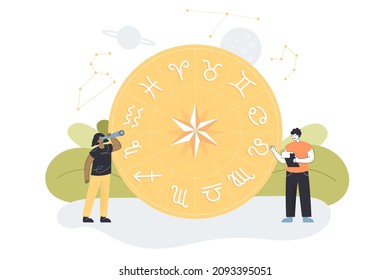 Tiny people, set of zodiac signs and star constellations with planets in sky. Male and female characters casting horoscope learning from nature flat vector illustration. Astronomy concept