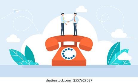 Tiny people shaking hands making a deal over the phone. Online conclusion of the transaction. Telephone conversations. The opening of a new startup. business handshake, via phone. Vector illustration