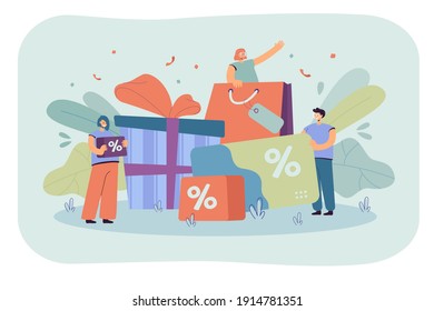 Tiny people shopping during store loyalty program isolated flat vector illustration. Cartoon characters buying products and getting gifts in bonus program. Promotion and shop reward concept