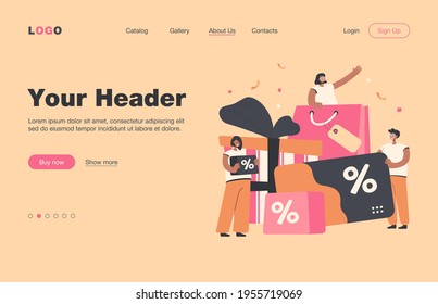 Tiny people shopping during store loyalty program isolated flat vector illustration. Cartoon characters buying products and getting gifts in bonus program. Promotion and shop reward concept