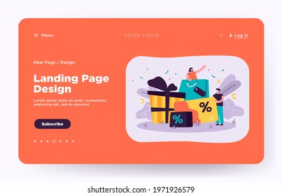 Tiny people shopping during store loyalty program isolated flat vector illustration. Cartoon characters buying products and getting gifts in bonus program. Promotion and shop reward concept