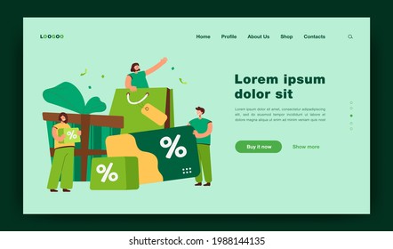 Tiny people shopping during store loyalty program isolated flat vector illustration. Cartoon characters buying products and getting gifts in bonus program. Promotion and shop reward concept