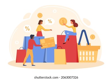 Tiny people shopping. Girls sit on big bags and basket. Friends went to store to shop. Characters with new clothes. Successful marketing. Spending money concept. Cartoon flat vector illustration