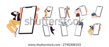 Tiny people showing blank screens of big smartphones set. Characters pointing at display of mobile phones. Men and women hold telephones. Flat isolated vector illustrations on white background
