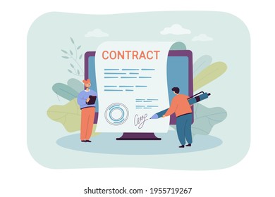 Tiny people signing giant contract with electronic signature. Flat vector illustration. Online agreement signing. Modern technologies, online, paperwork concept for banner design or landing page