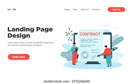 Tiny people signing giant contract with electronic signature. Flat vector illustration. Online agreement signing. Modern technologies, online, paperwork concept for banner design or landing page