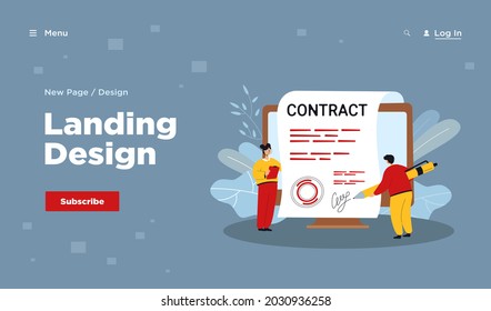 Tiny people signing giant contract with electronic signature. Flat vector illustration. Online agreement signing. Modern technologies, online, paperwork concept for banner design or landing page