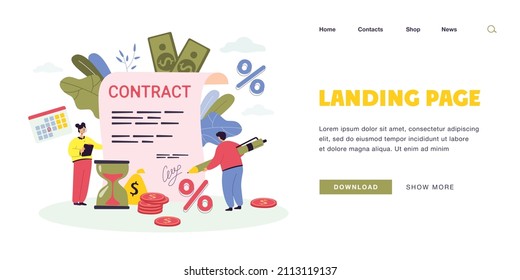 Tiny people signing giant contract. Flat vector illustration. Man and woman, concluding agreement with bank, taking out loan at interest, paying off debt. Mortgage, money, credit, finance concept