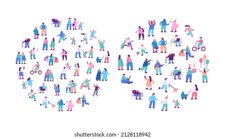 Tiny people silhouette flat vector set. Different cartoon people simple design. Crowd. Male and female flat characters isolated on white background.	
