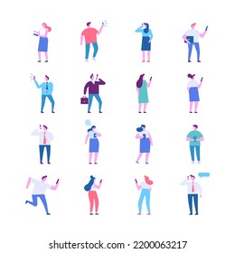 Tiny People silhouette holding phone in hand flat vector set