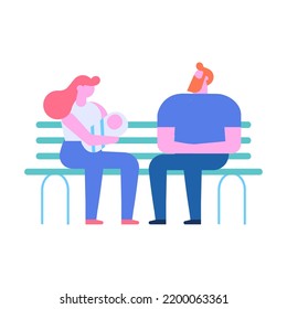 Tiny people silhouette sitting on bench flat vector set