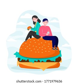Gente pequeña sentada en una gran hamburguesa y comiendo. Amigo, harina, basura de ilustración vectorial plana. Concepto de nutrición y comida rápida para banner, diseño de sitios web o página web de aterrizaje