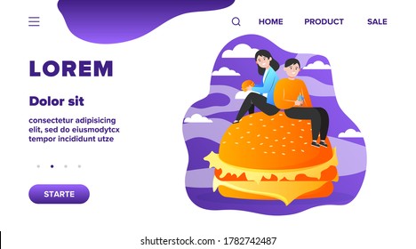 Tiny people sitting on big burger and eating. Friend, meal, junk flat vector illustration. Nutrition and fast food concept for banner, website design or landing web page