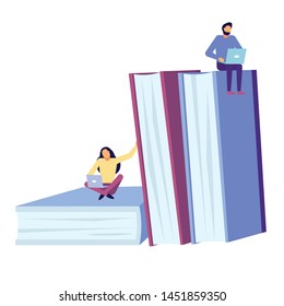 Tiny people sitting on giant textbooks surfing internet on laptop. Boy and girl choosing sufering internet than reading books. Preparing for exam or self educating. Flat cartoon vector illustration