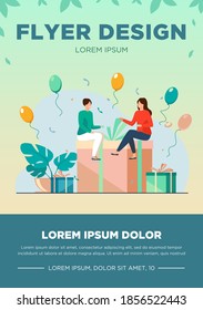 Tiny people sitting on gift box. Balloon, fun, birthday party flat vector illustration. Celebration and holiday concept for banner, website design or landing web page