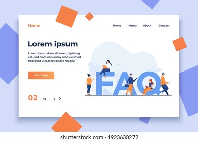 Tiny people sitting and standing near giant FAQ isolated flat vector illustration. Cartoon users asking questions and getting answers. Help, instruction and support information concept