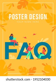 Tiny people sitting and standing near giant FAQ isolated flat vector illustration. Cartoon users asking questions and getting answers. Help, instruction and support information concept