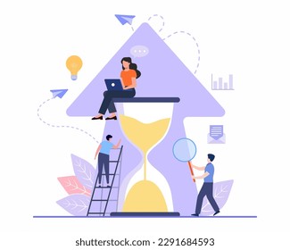 Tiny people sitting and standing near hourglass and working hard to complete deadline, concept of Time management and business planning.