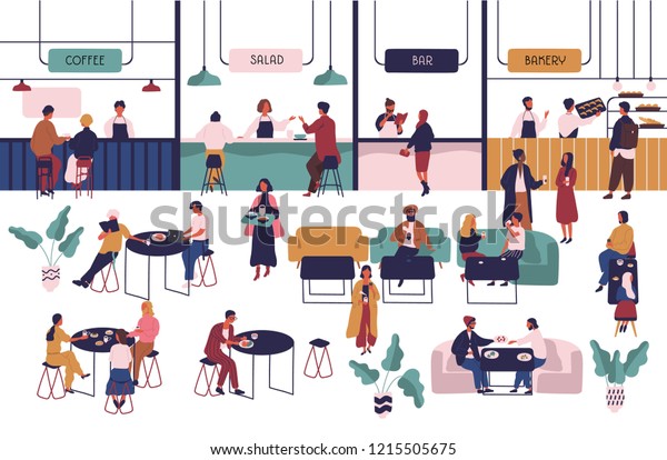 大きなホールのテーブルに座って食事をし カウンターに泊まるベンダーの小さな人々 食堂で昼食や夕食を食べる男女 フラットな漫画スタイルのカラフルなベクター イラスト のベクター画像素材 ロイヤリティフリー