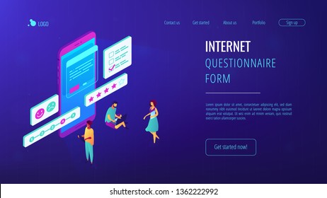 Tiny people at smartphone filling out questionnaire form and rating. Online survey, internet questionnaire form, marketing research tool concept. Isometric 3D website app landing web page template