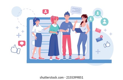 Kleine Leute SMM Manager kreative Team auf Laptop-Chat sprechen mit Kaffee Break, flache Vektorgrafik. Social Media Network, Kommunikationskonzept