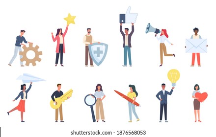 Tiny people with social media icons. Small characters with big signs objects, little men and women hold online apps symbols, messages and ideas, likes and feedback vector flat cartoon isolated set