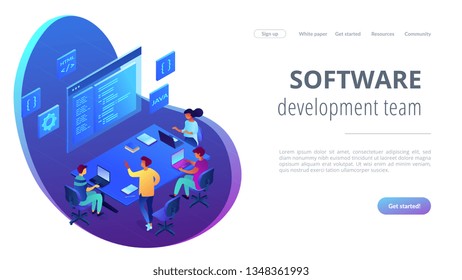 Tiny people software developers team working together coding. Software development team, best working group, digital team on demand concept. Isometric 3D website app landing web page template